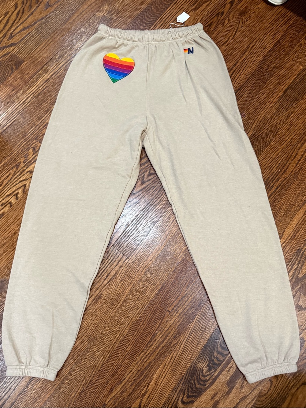 Aviator Nation Beige Joggers with Rainbow Heart Patch